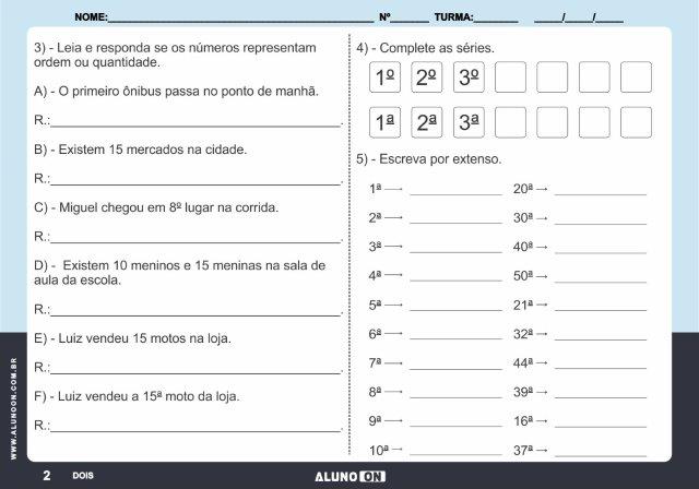 Atividade de matemática 3º ano números