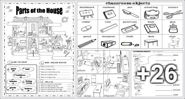 30 Ejercicios y vocabulario de las partes de la casa y objetos de la escuela en Inglés