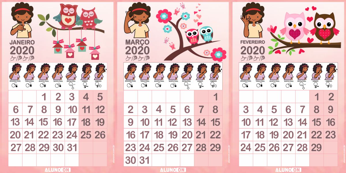 Calendário Corujinhas 2020 para download Calendário Corujinhas 2020 para download